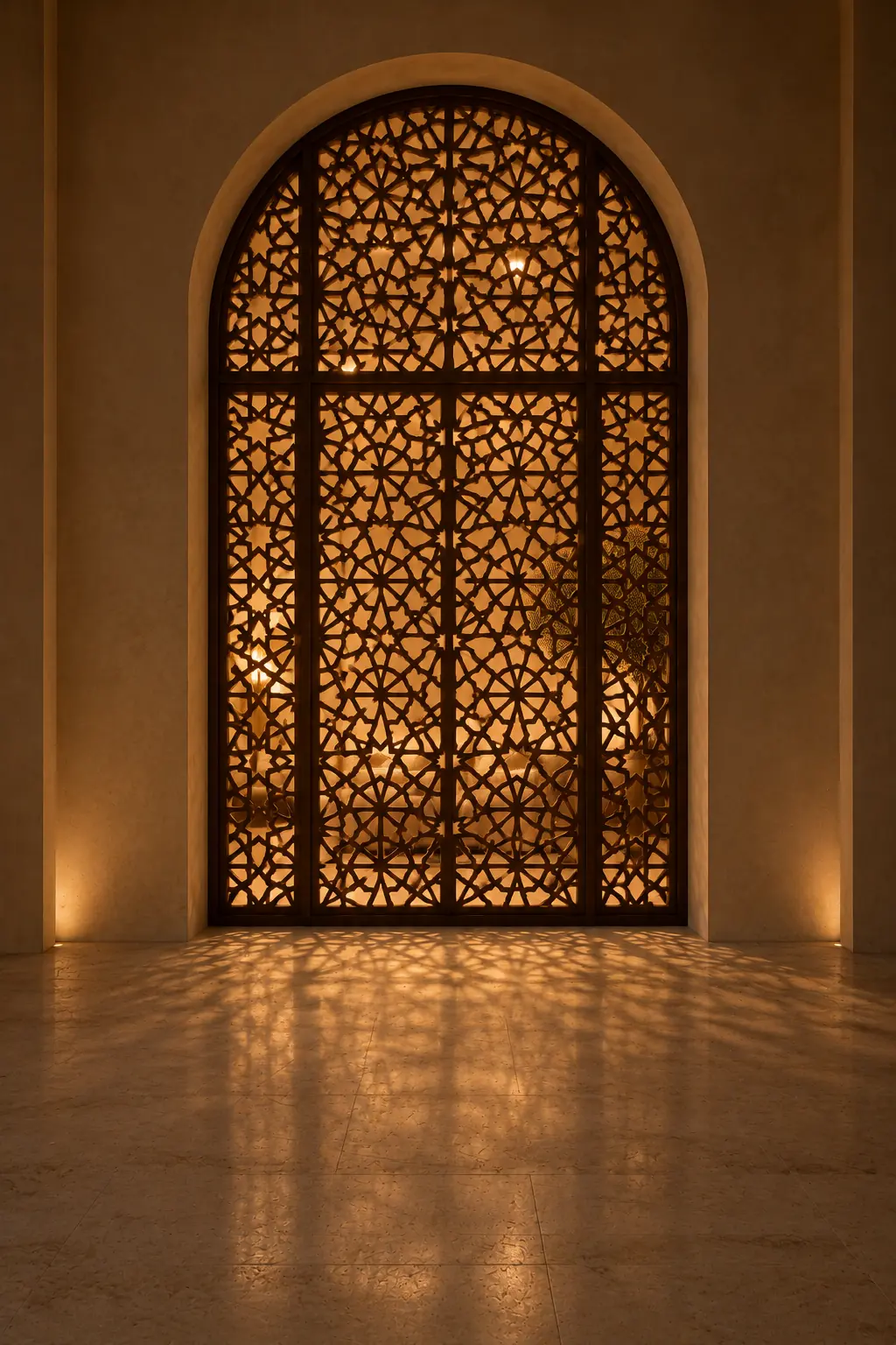 A carved wooden screen in an arched doorway, lit from behind at night.