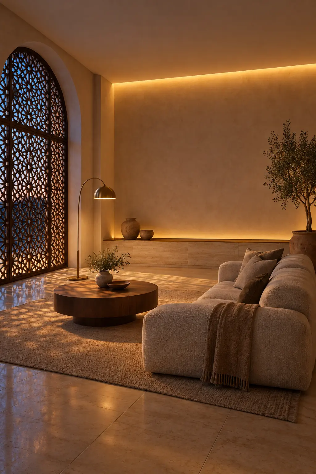 A finished living room at dusk: a carved screen in an arched window, travertine floor, a low cream sofa and warm cove light.