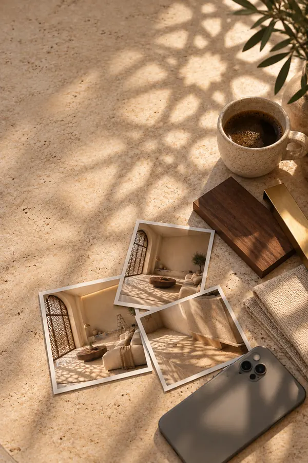 Printed project photos, a phone, a coffee cup and a walnut sample on a travertine table.