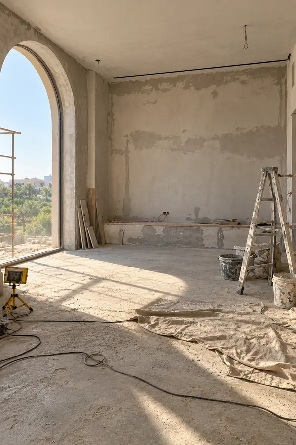 An empty room on day one: bare plaster, a ladder and cables on a concrete floor.